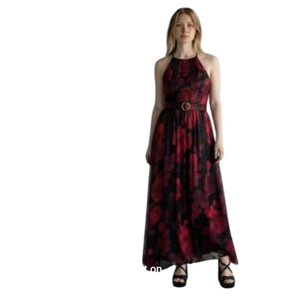 Alexa B Nites Women 14W Red Floral Black Mesh Halter Maxi Dress 962161
Formal